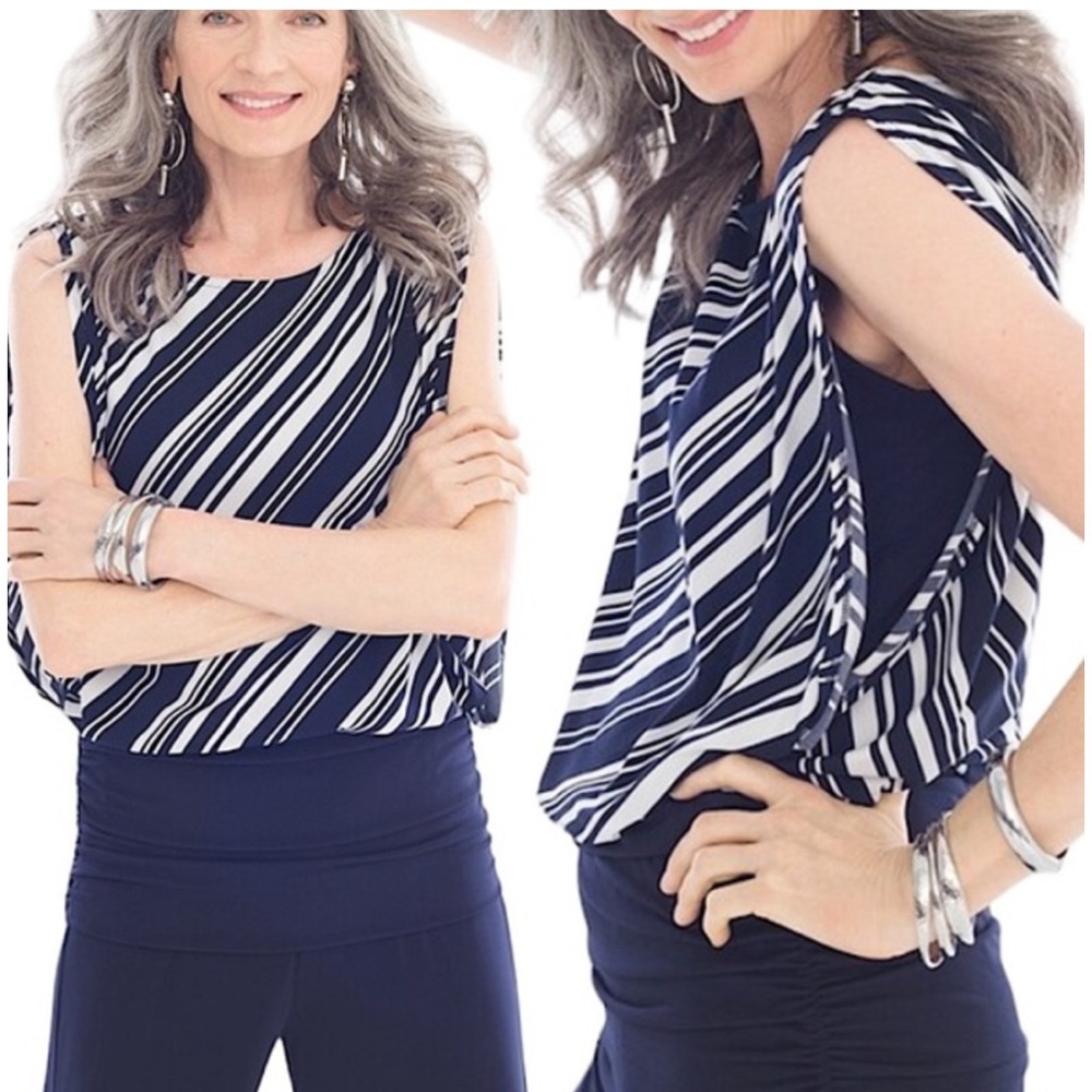 CHICO'S Diagonal Stripe TOP SIZE Small 6-8 Navy White Coastal Grandma Y2K Retro
